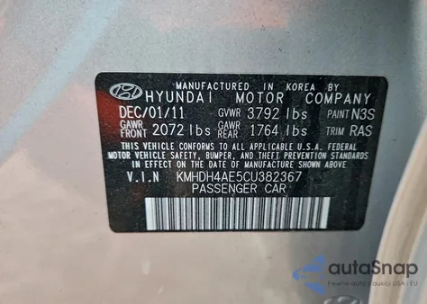 2012 Hyundai Elantra Gls z USA, uszkodzony, nr VIN KMHDH4AE5CU382367
